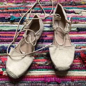 Tan Nautica lace up sandals with gold shimmer.